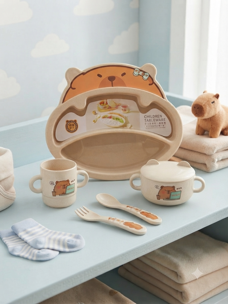 Cute Bear Themed Children Tableware Set With Divided Plate Bowl Cup Spoon And Fork