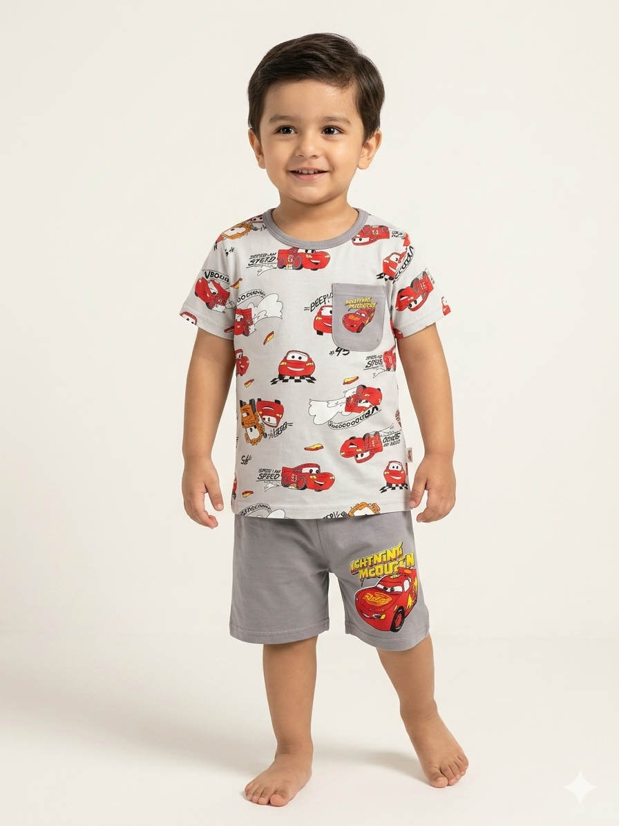 Boys Cars Lightning McQueen Night Suit Cotton Summer T shirt & Shorts Set