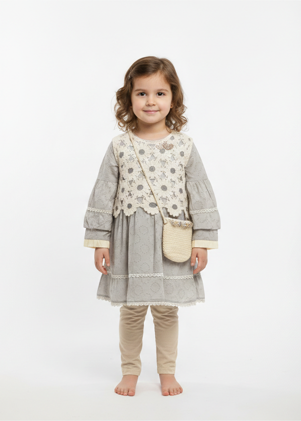 Girls' 4-Piece Boho Eyelet Tunic Set with Floral Crochet Vest and Crossbody Bag Ensemble