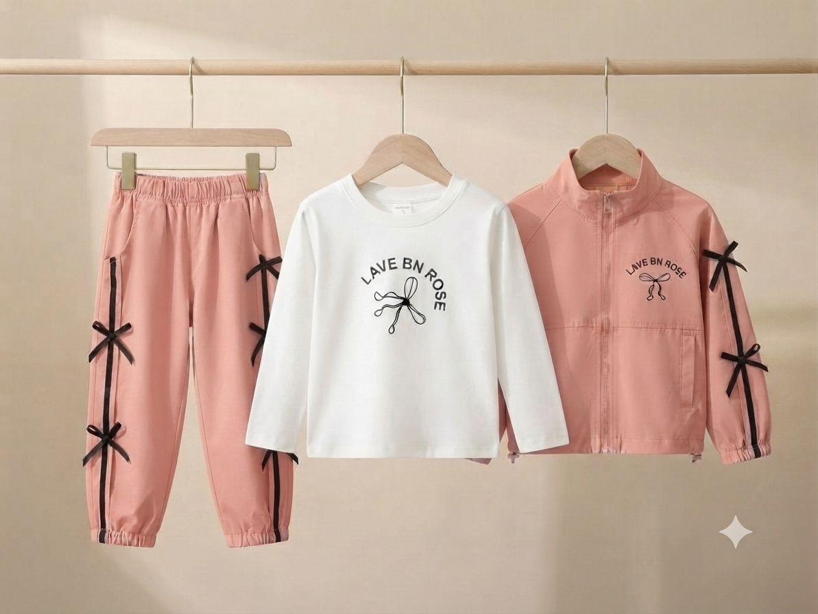 Stylish Girls Three Piece Set With Jacket T-Shirt And Trousers For Trendy Daily Wear