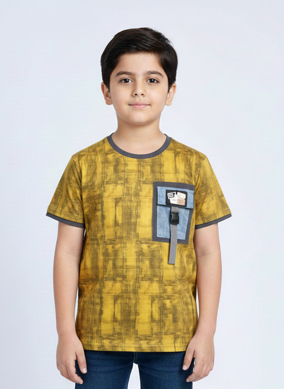Modern Boys' Olive Green Abstract Textured Tee with Utility Buckle Pocket and Triple-Tone Accents