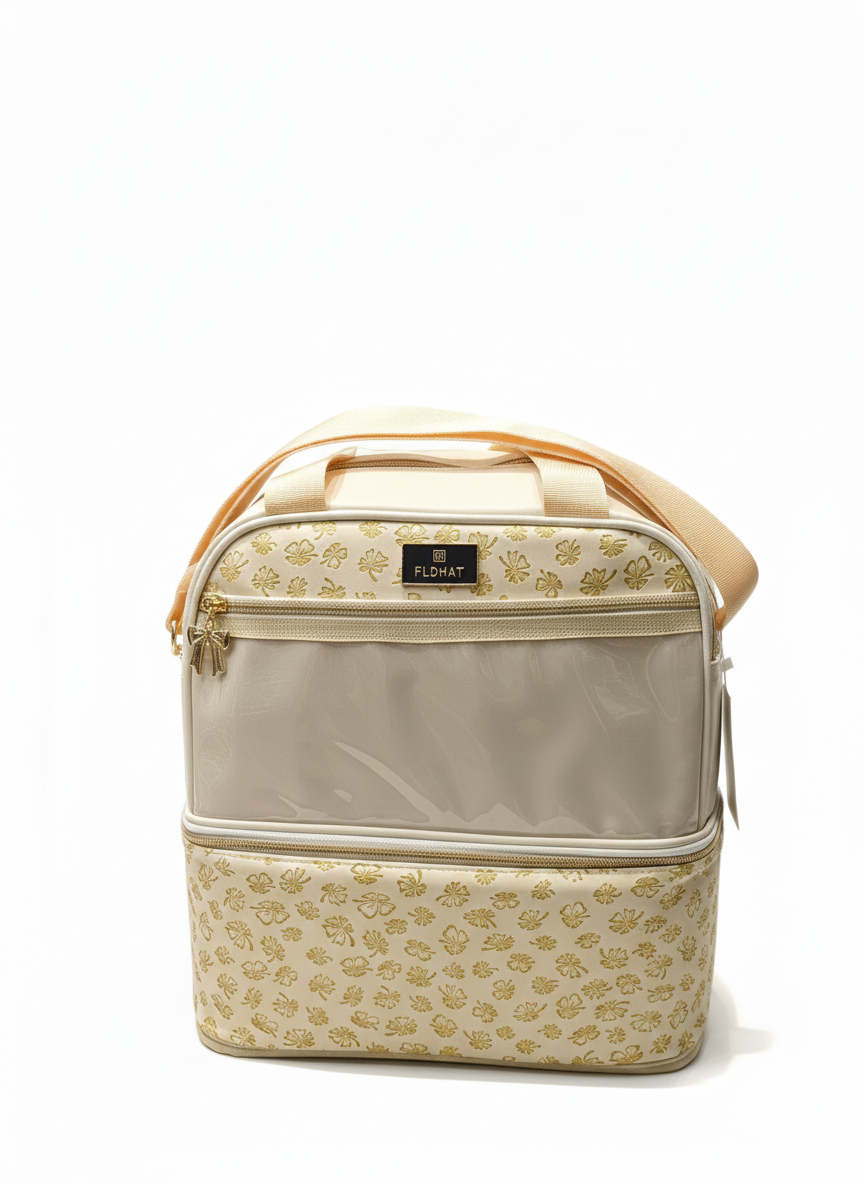 Bloom Dual-Tier Diaper Bag | Luxury Floral Baby Backpack with Transparent Organizer Panel (Cream & Gold)