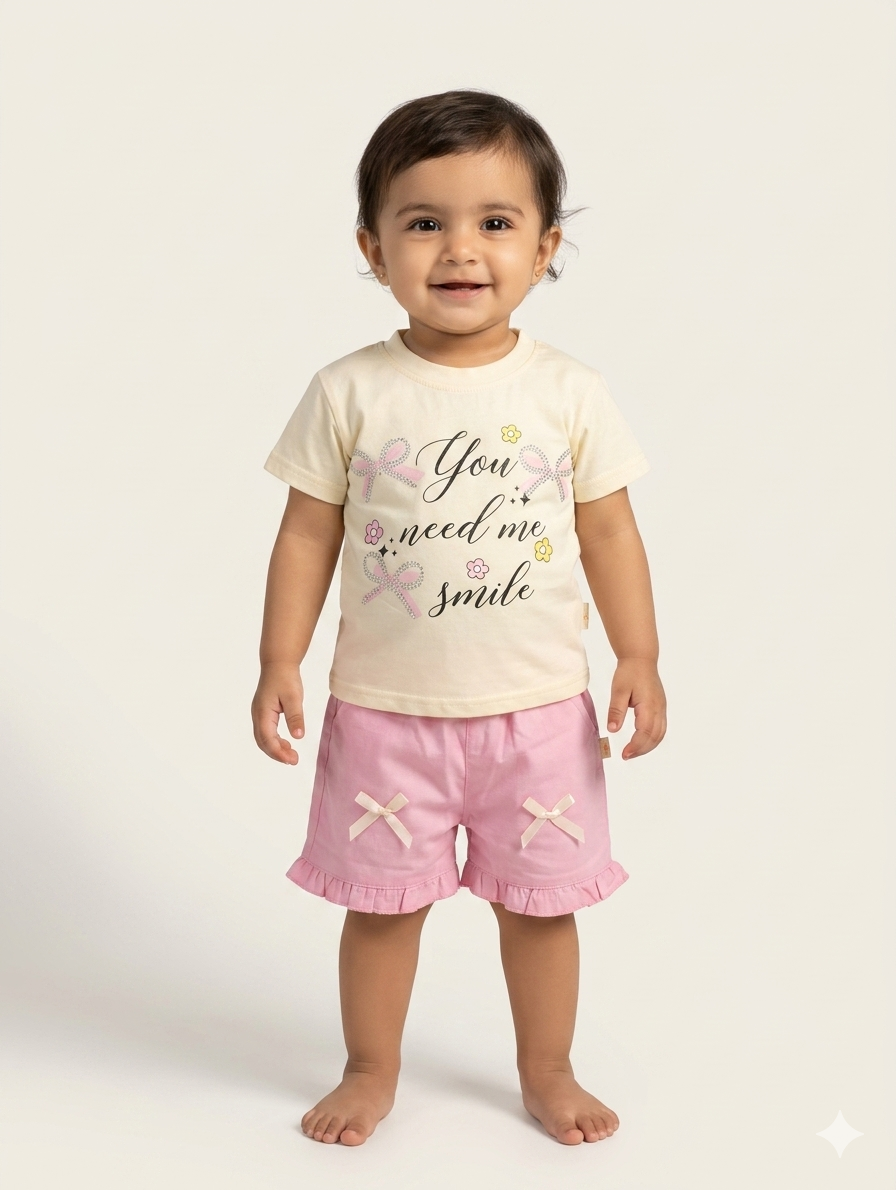 Adorable Toddler Girls Graphic T-Shirt and Ruffle Hem Bow Shorts Two-Piece Summer Casual Set