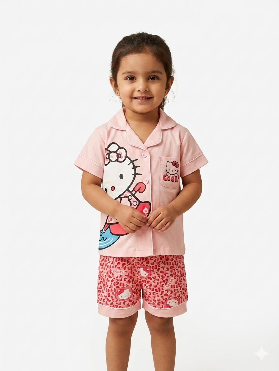 Girls Peach Hello Kitty Leopard Print Pajama Set Soft Cotton Short Sleeve Button Down Nightsuit