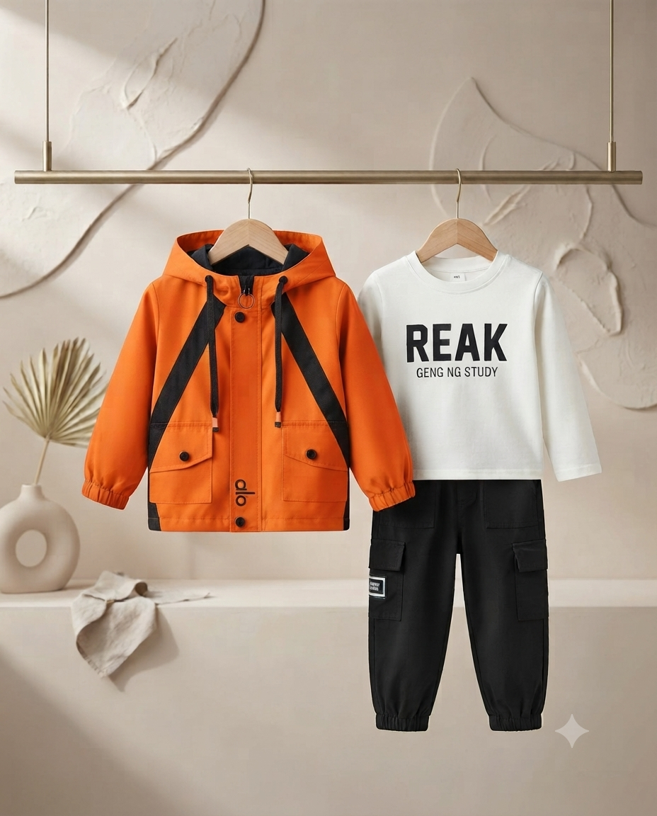 Boys Trendy 3-Piece Outfit Set: Graphic T-Shirt, Black Cargo Pants, And Hooded Jacket