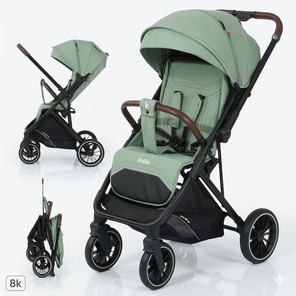 Kidilo Premium Lightweight Foldable Baby Stroller With Adjustable Canopy And Leather Trim Comfort Grip