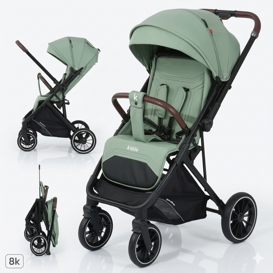 Kidilo Premium Lightweight Foldable Baby Stroller With Adjustable Canopy And Leather Trim Comfort Grip