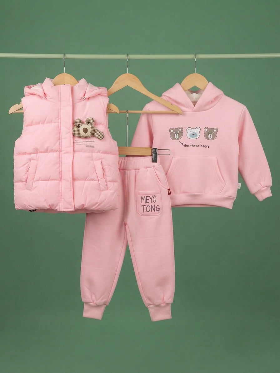 Kids Three Bears Graphic Hoodie And Puffer Vest 3-Piece Winter Outfit Set
