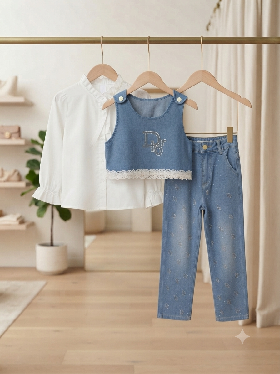 Trendy Kids Denim Vest And Pants Set With Elegant White Shirt For Smart Casual Look