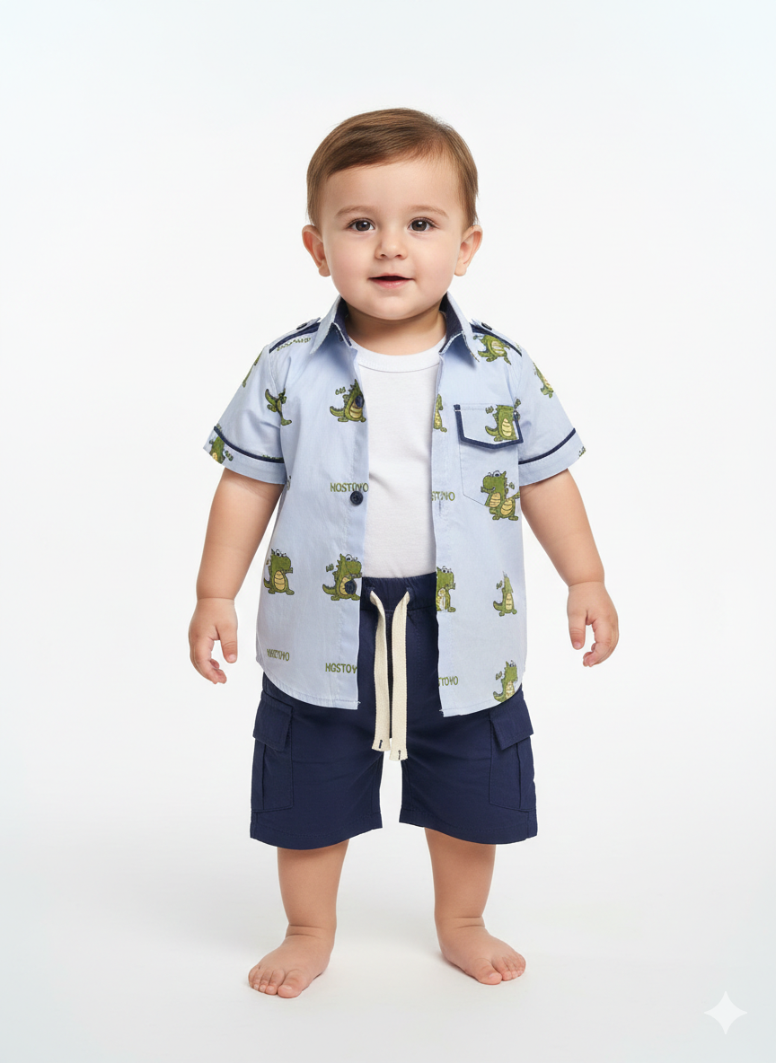 Baby Boys Three Piece Big Dino Set Printed Button Shirt White Inner Tee Shorts
