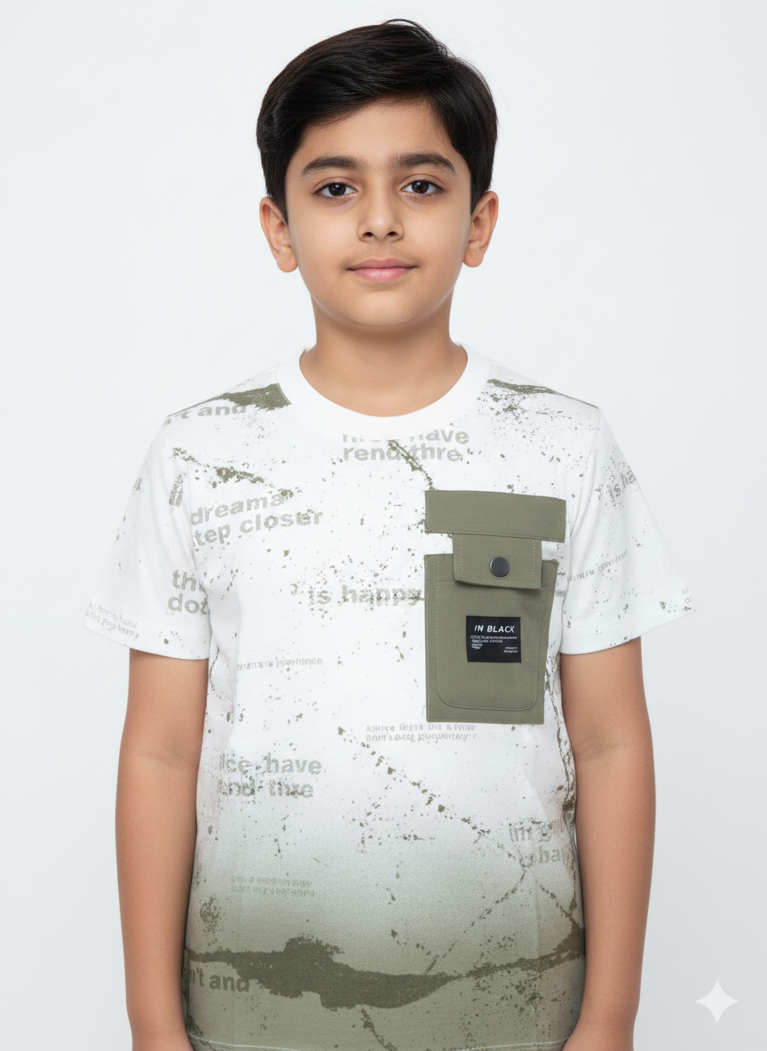 Boys' Urban Safari Olive & White Gradient Graphic Tee with Tactical Utility Pocket Detail