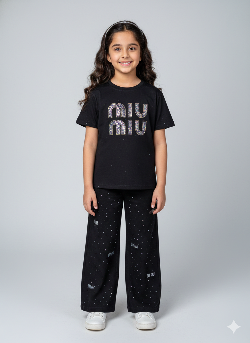 Miu Miu Inspired Kids Premium White Cotton T-Shirt and Matching Wide Leg Pants Set