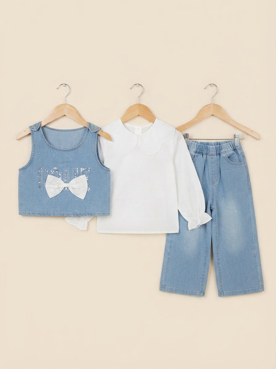 Chic Girls Denim Three Piece Outfit Set Featuring A White Blouse And Pants