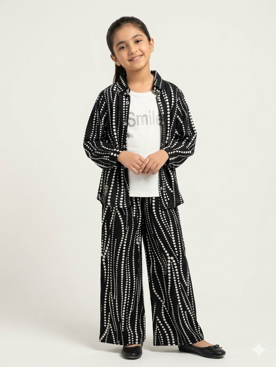 Girls' Stylish Polka Dot Button Down Shirt and Wide Leg Trouser Two Piece Summer Set