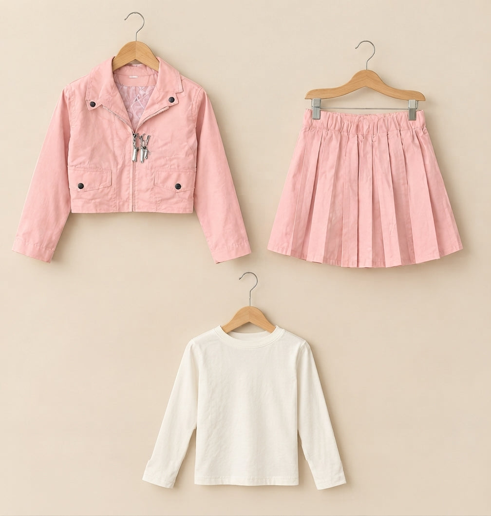 Stylish Girls Biker Jacket Matching Pleated Skirt And Long Sleeve Tee Outfit Set