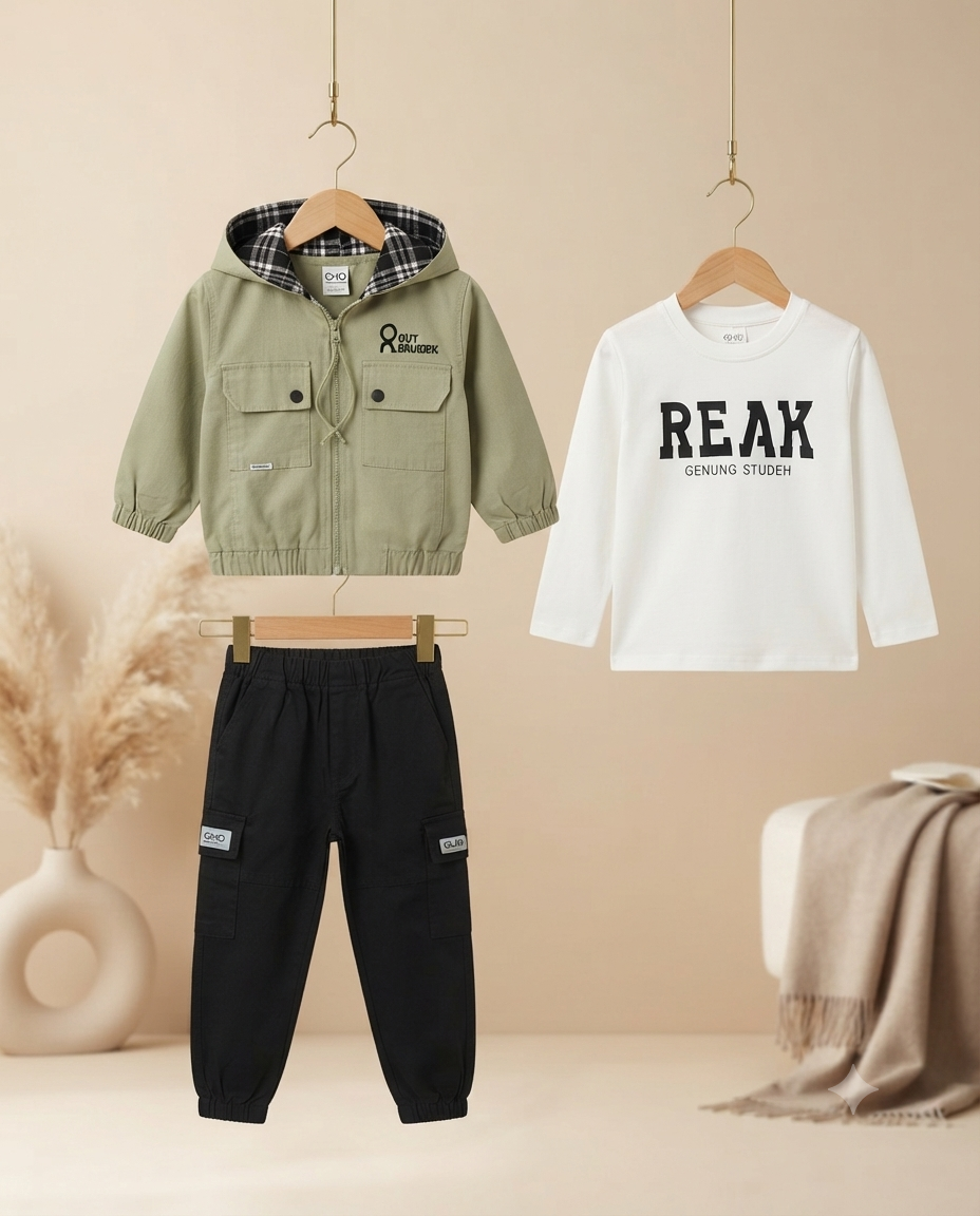 Trendy Boys Hooded Jacket T-shirt and Cargo Pant Set for Comfortable Daily Wear