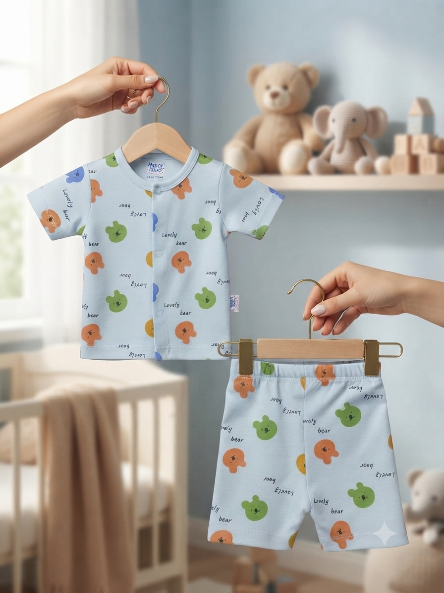 Soft Cotton Printed Baby Summer Set Lovely Bear Pattern Short Sleeve Tee And Shorts