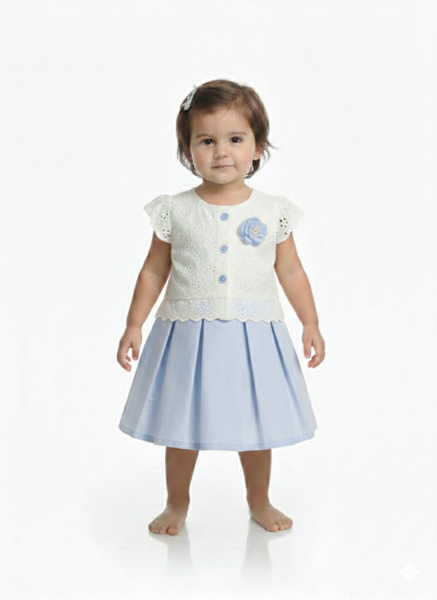 Toddler Girls' Elegant Eyelet Lace Cardigan and Pleated Skirt Set - Pink or Blue