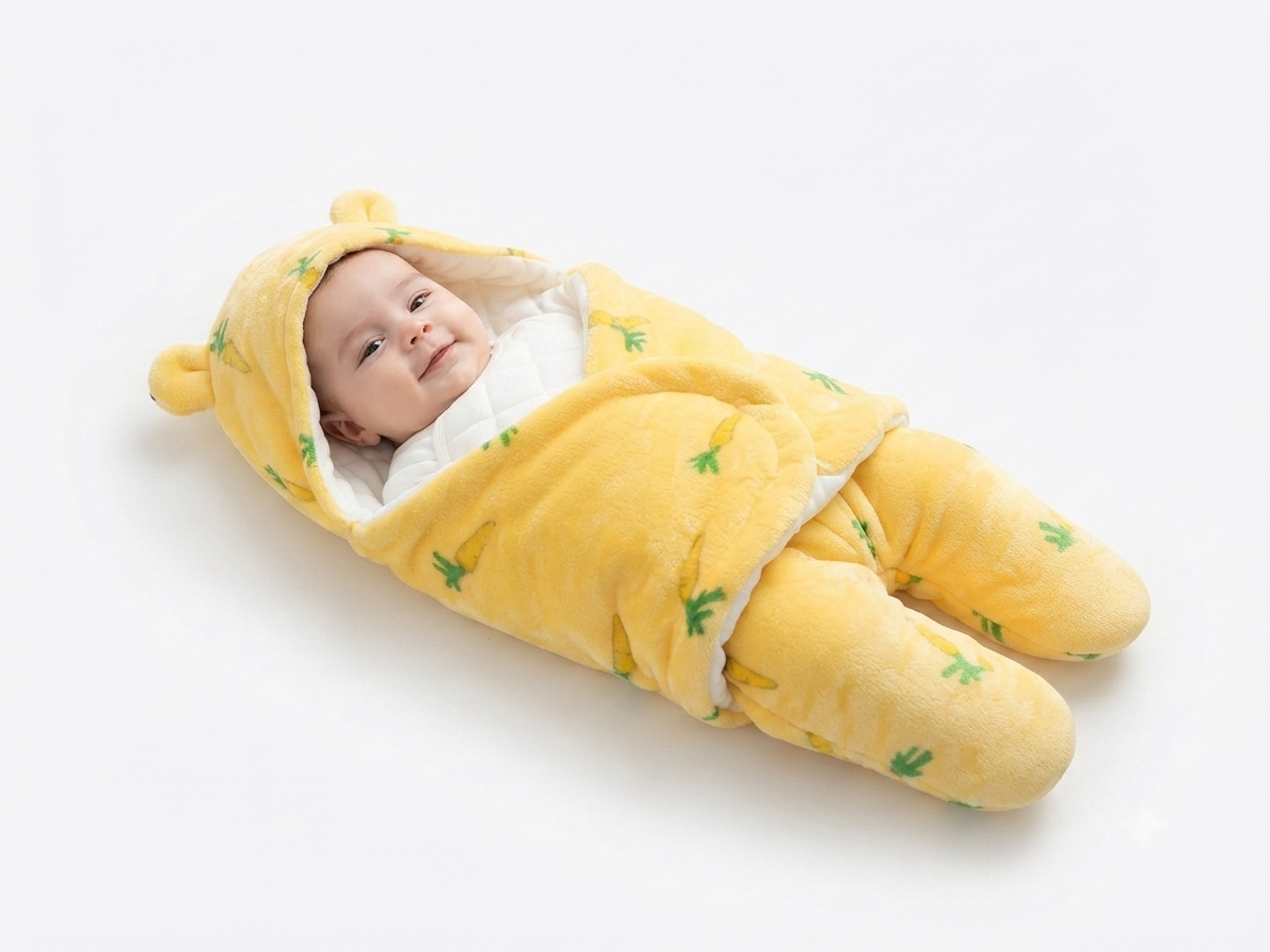 Soft Yellow Carrot Print Baby Swaddle Wrap and Hooded Sleeping Bag Set
