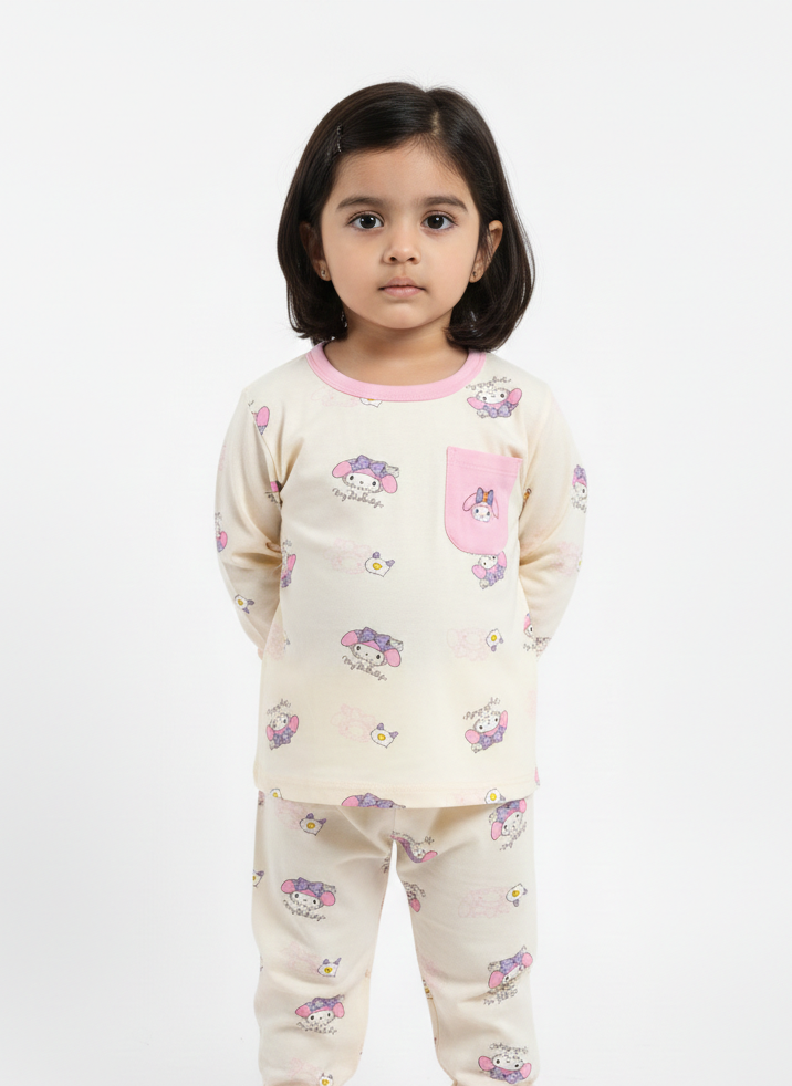 China Imported Kids Night Suit – Cat with Bow Character Print | Soft Cotton Nightwear