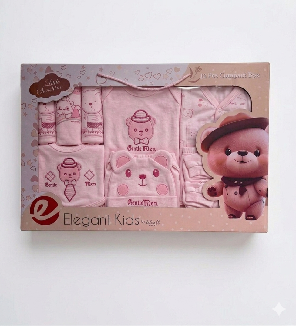 Elegant Kids 12-Piece Bear Theme Baby Gift Set in Gray, Pink, and Mint Green