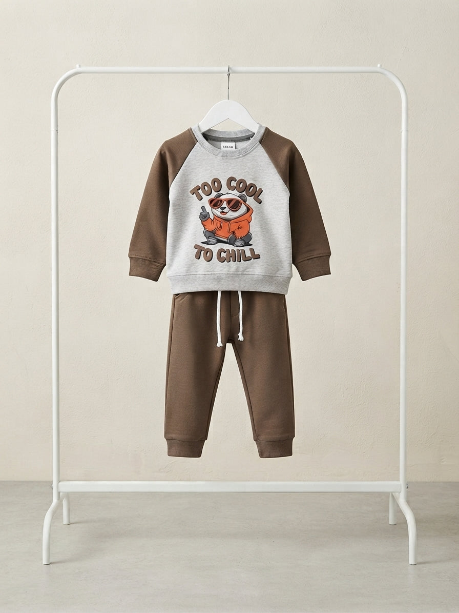 Too Cool to Chill Panda Graphic Sweatshirt and Brown Trouser Set for Kids