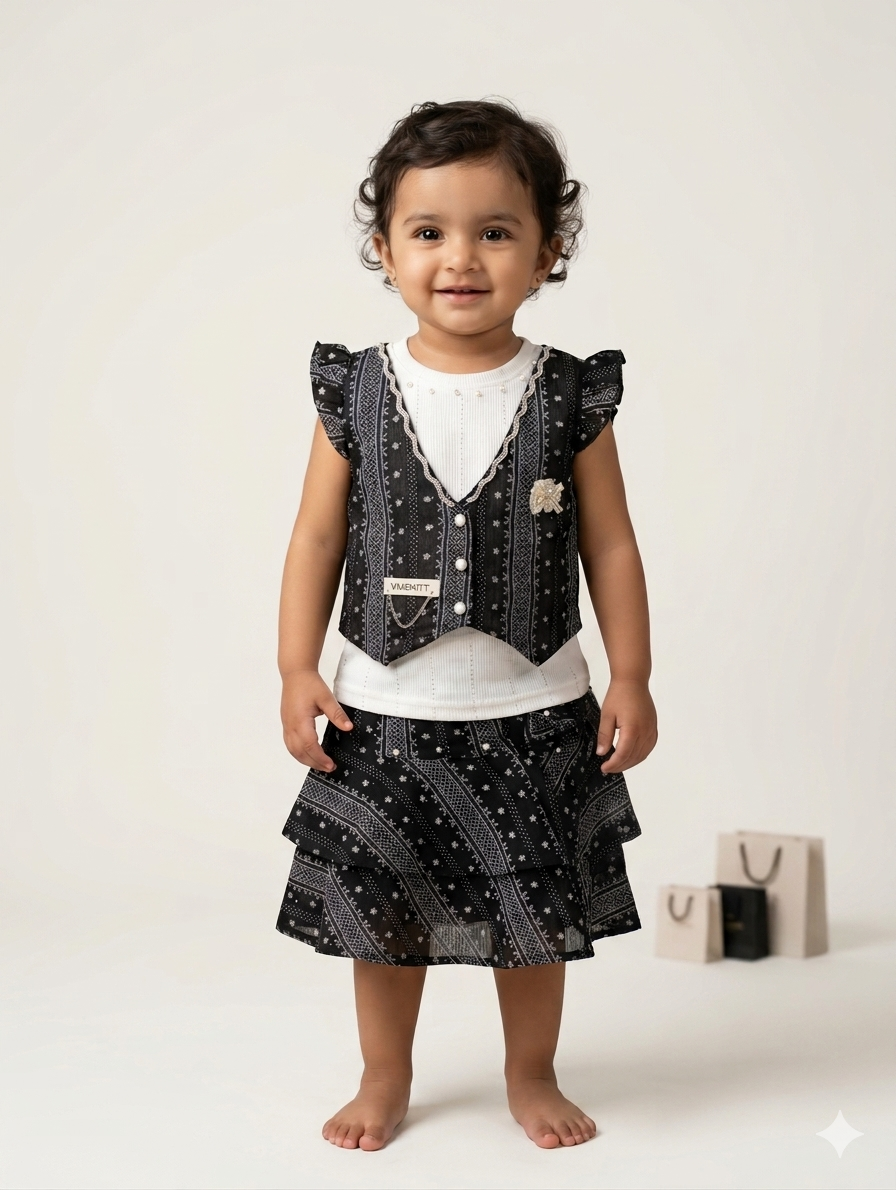 Elegant Toddler Girl Three-Piece Skirt Set with Ruffled Vest and Bow Detail Outfits