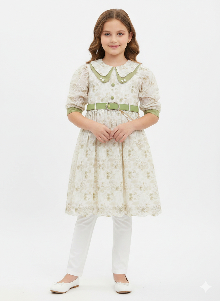 Girls' Floral Lace Party Frock with Embellished Belt and Matching White Trousers Set