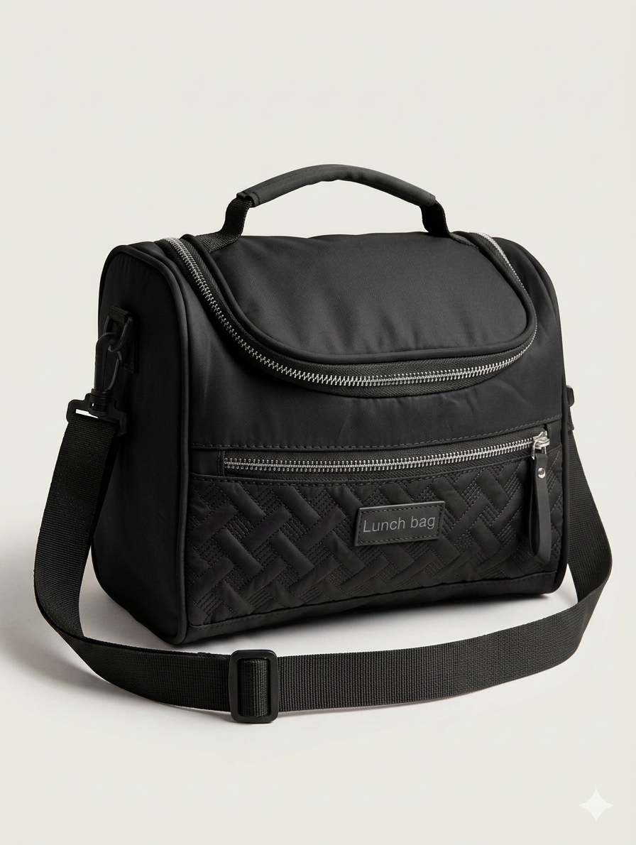 Insulated Quilted Lunch Bag with Adjustable Shoulder Strap and Dual Compartments for Work and Travel