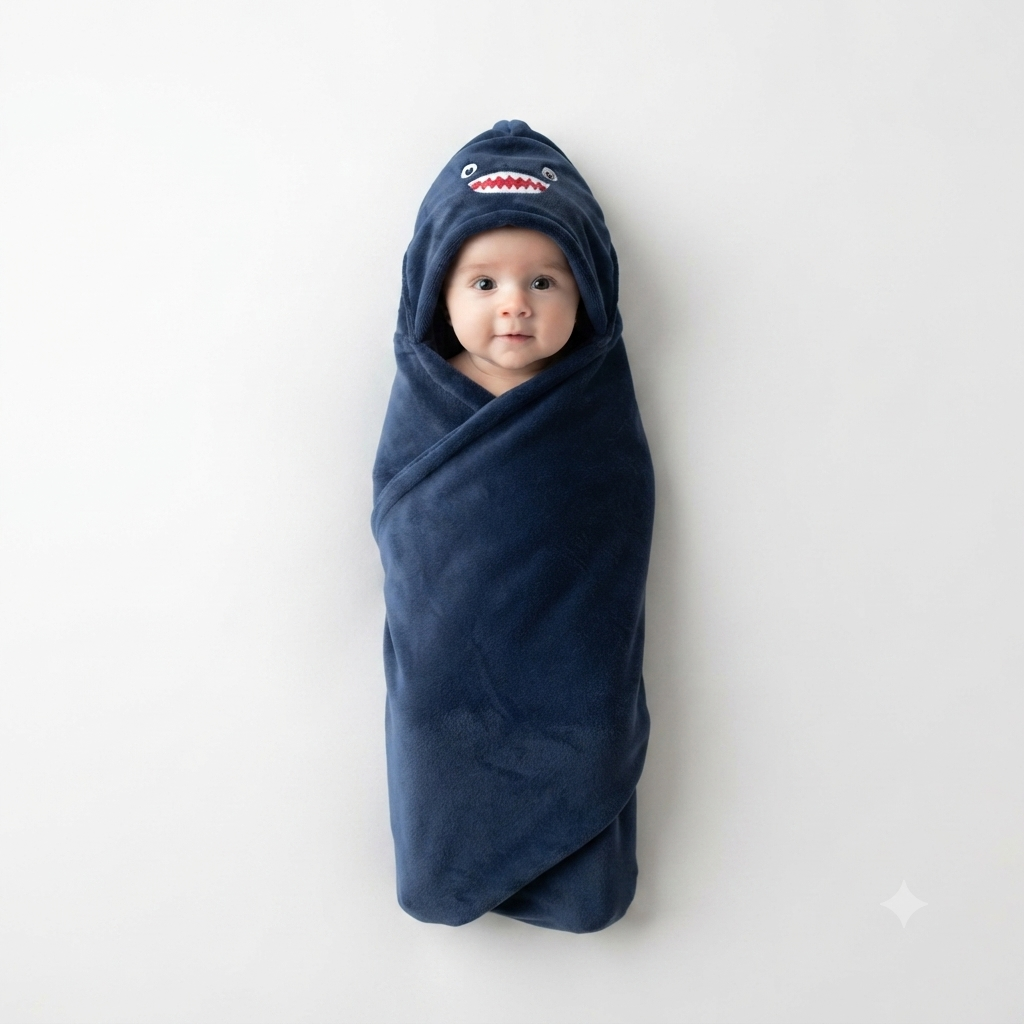 Soft Plush Hooded Shark Baby Swaddle Wrap Cozy Blanket For Bath And Nap Time