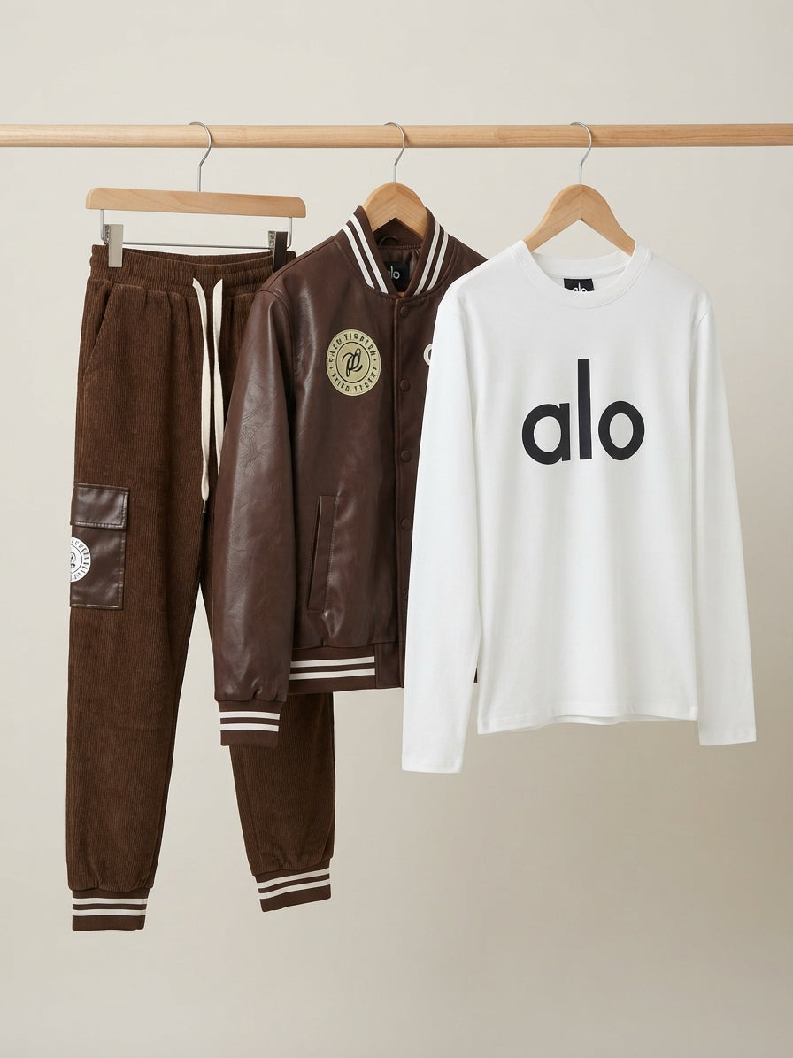 Kids Brand Logo Printed Hoodie Leather Bomber Jacket And Cargo Trouser 3 Piece Outfit Set