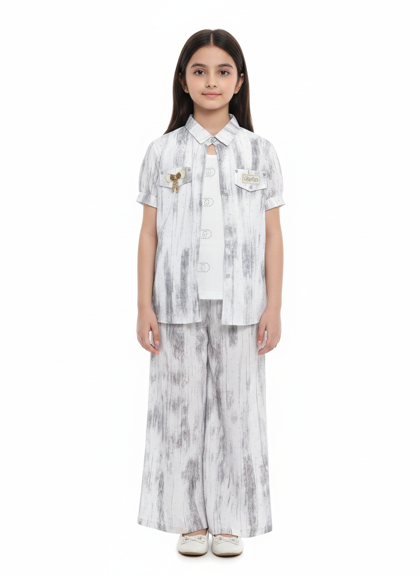 Trendy Girls' Abstract Print 2-Piece Co-ord Set with Short Sleeve Shirt and Wide-Leg Pants