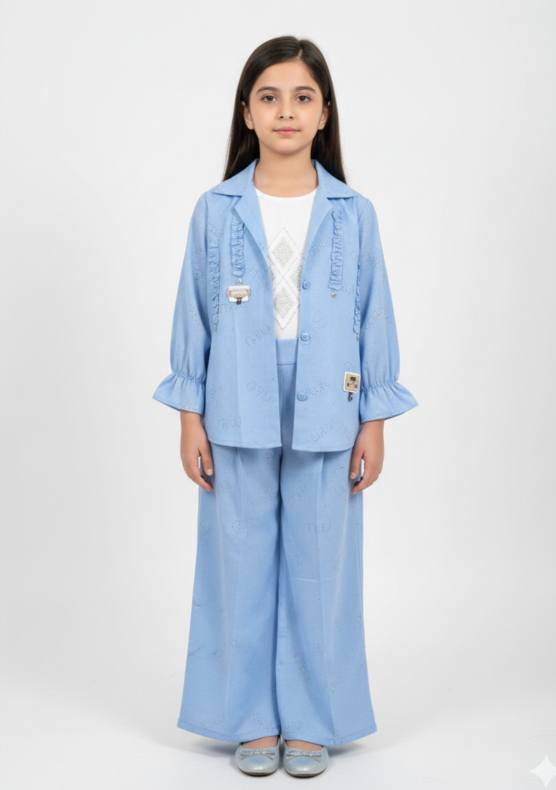Elegant Girls' Three-Piece Vibrant Pink Flare Pant Set with Tailored Jacket and Embellished Top