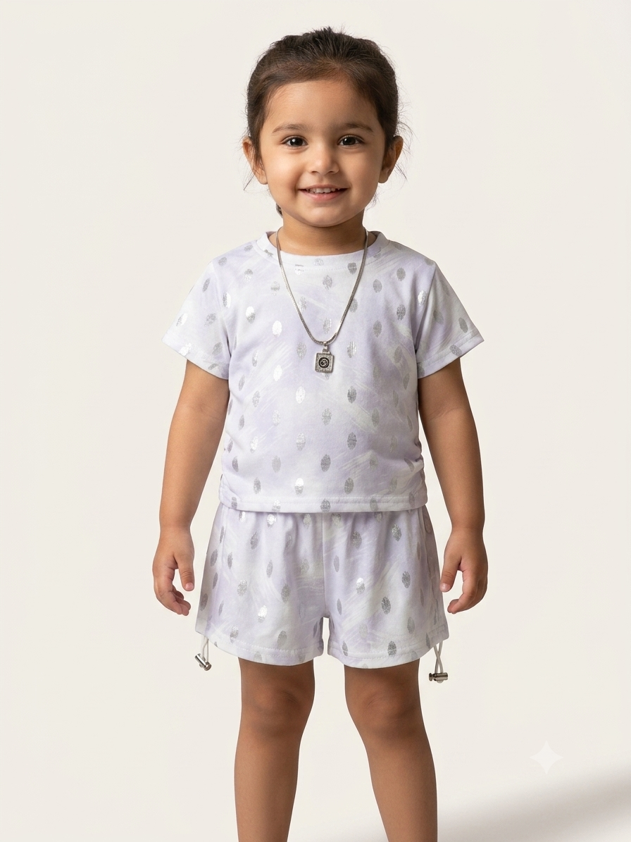 Baby Girls Cute White and Silver Metallic Foil Print T Shirt and Shorts Set