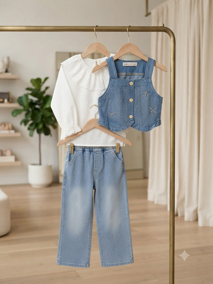 Trendy Kids Denim Vest And Pants Set With Elegant White Shirt For Smart Casual Look