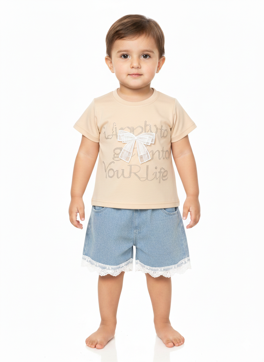 Toddler Girls’ Embellished T-Shirt and Lace-Trim Denim Shorts Two-Piece Summer Fashion Outfit Set