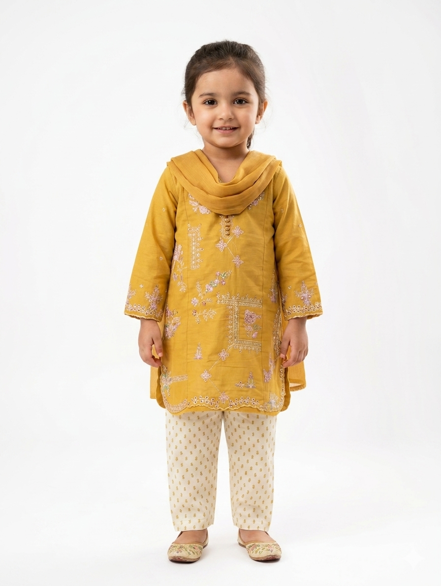 Elegant Toddler Girls Embroidered Ethnic Tunic and Patterned Trouser Set with Matching Dupatta