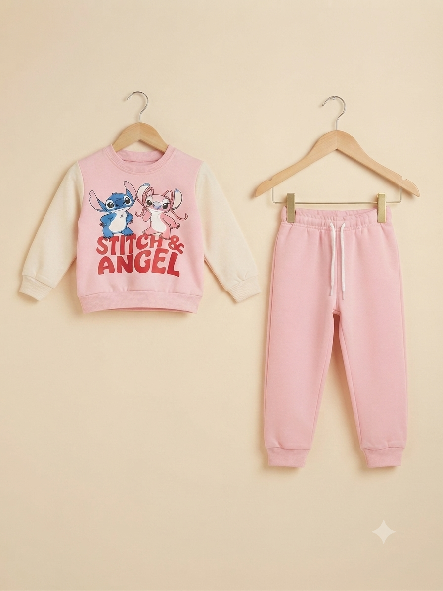 Cute Girls Stitch And Angel Graphic Sweatshirt With Matching Full Length Track Pants