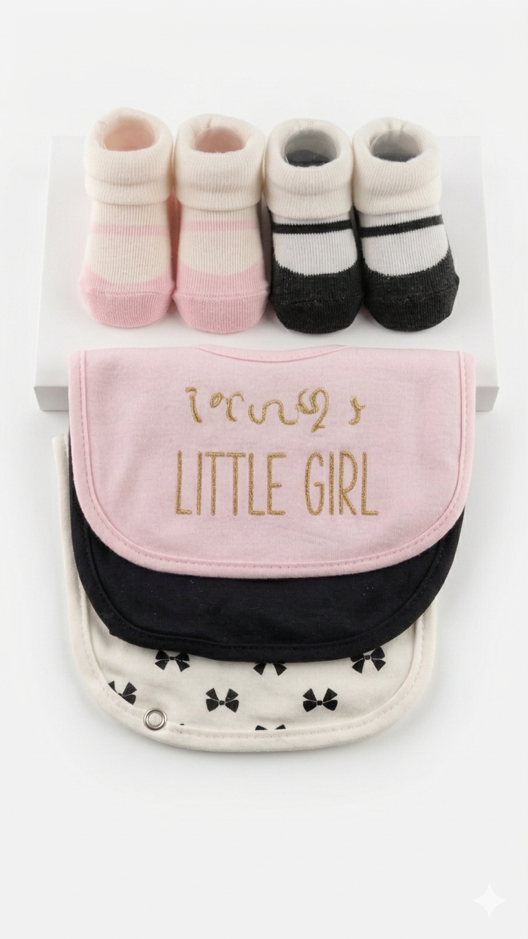 Little Girl Baby Bib and Sock Gift Set Soft Cotton Premium Newborn Essentials Set