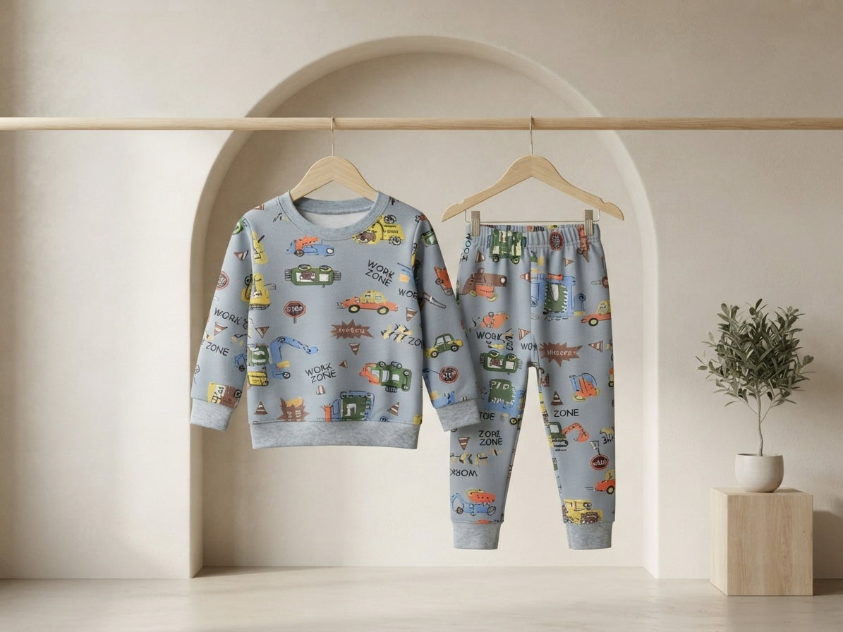 Kids beige teddy bear print sweatshirt and matching trouser set for daily casual wear