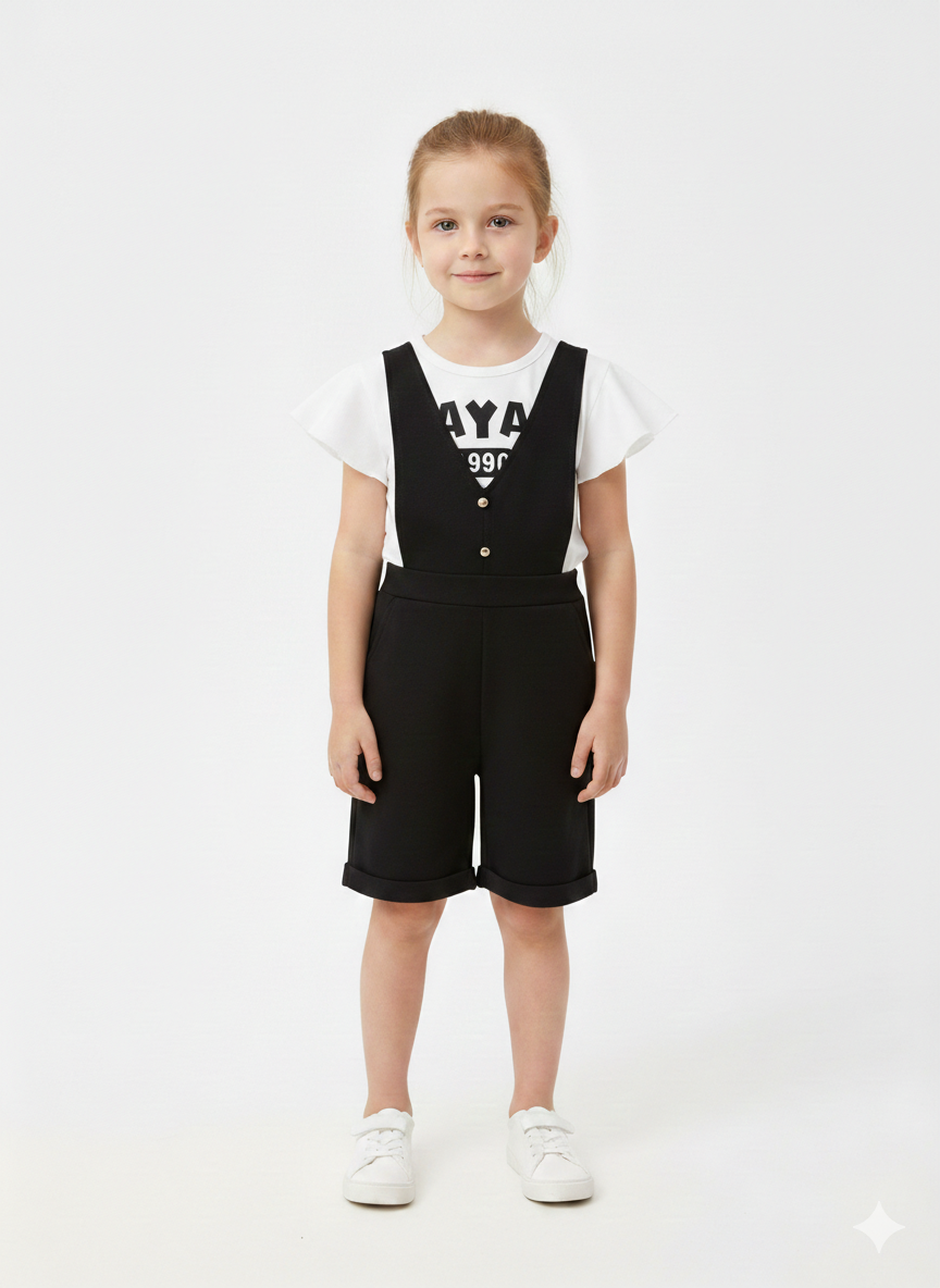 Girls' Stylish V-Neck Jumpsuit Overalls with Ruffle Sleeve Tee – Three Vibrant Color Options