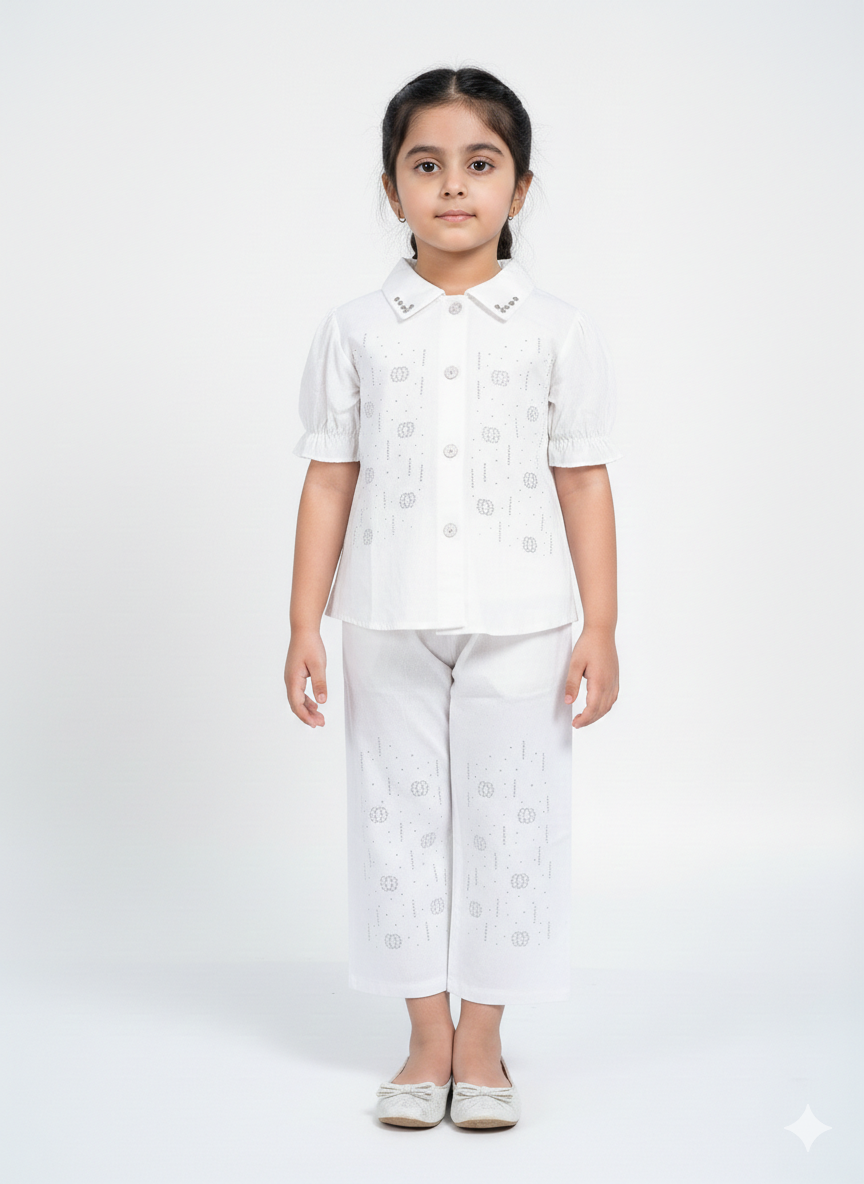 Elegant Girls Pastel Co-ord Set With Sparkling Embroidery And Trendy Puff Sleeve Design