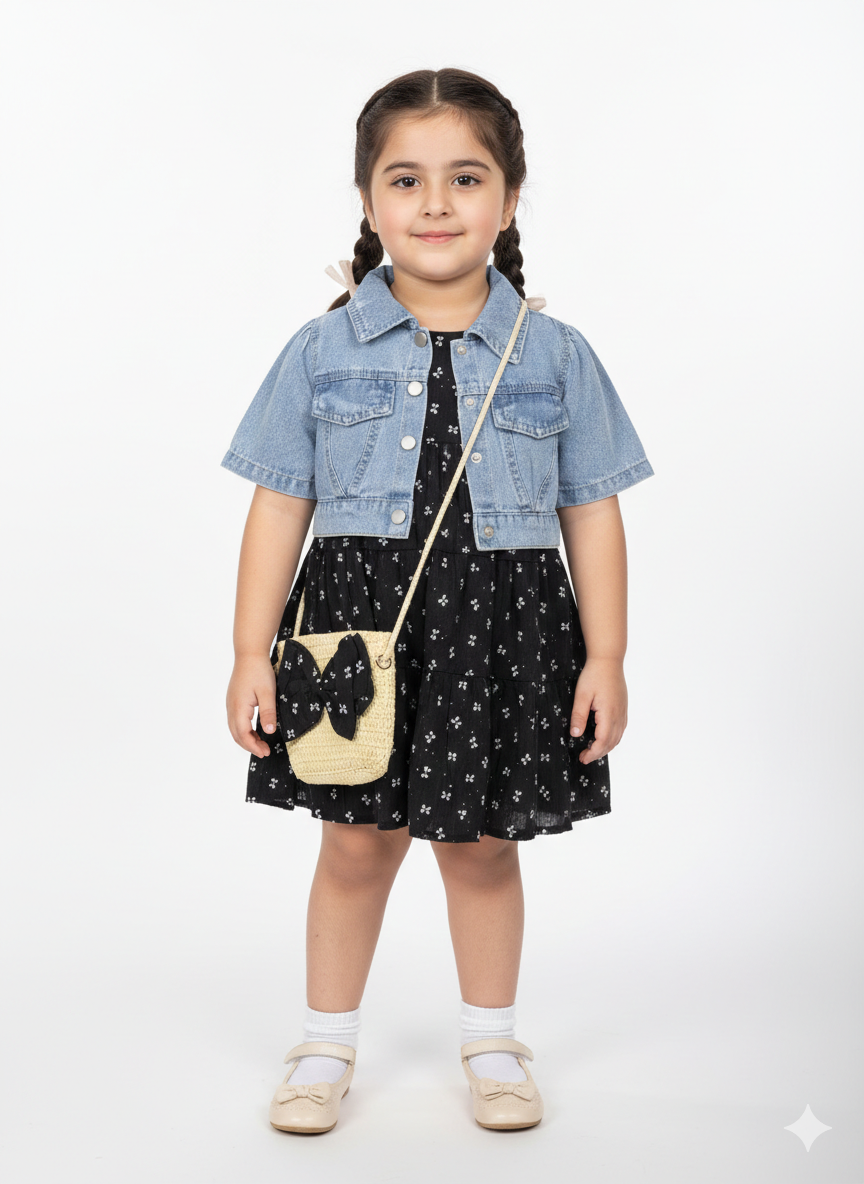 Girls Stylish Floral Tiered Dress with Denim Jacket and Matching Bow Straw Crossbody Bag