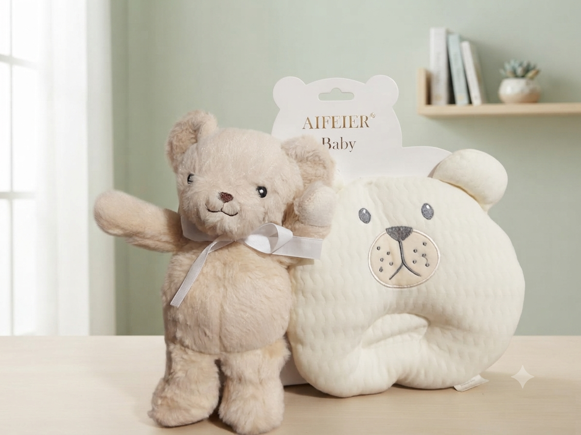 Soft Beige Teddy Bear Plush Toy and Matching Bear Baby Pillow Gift Set
