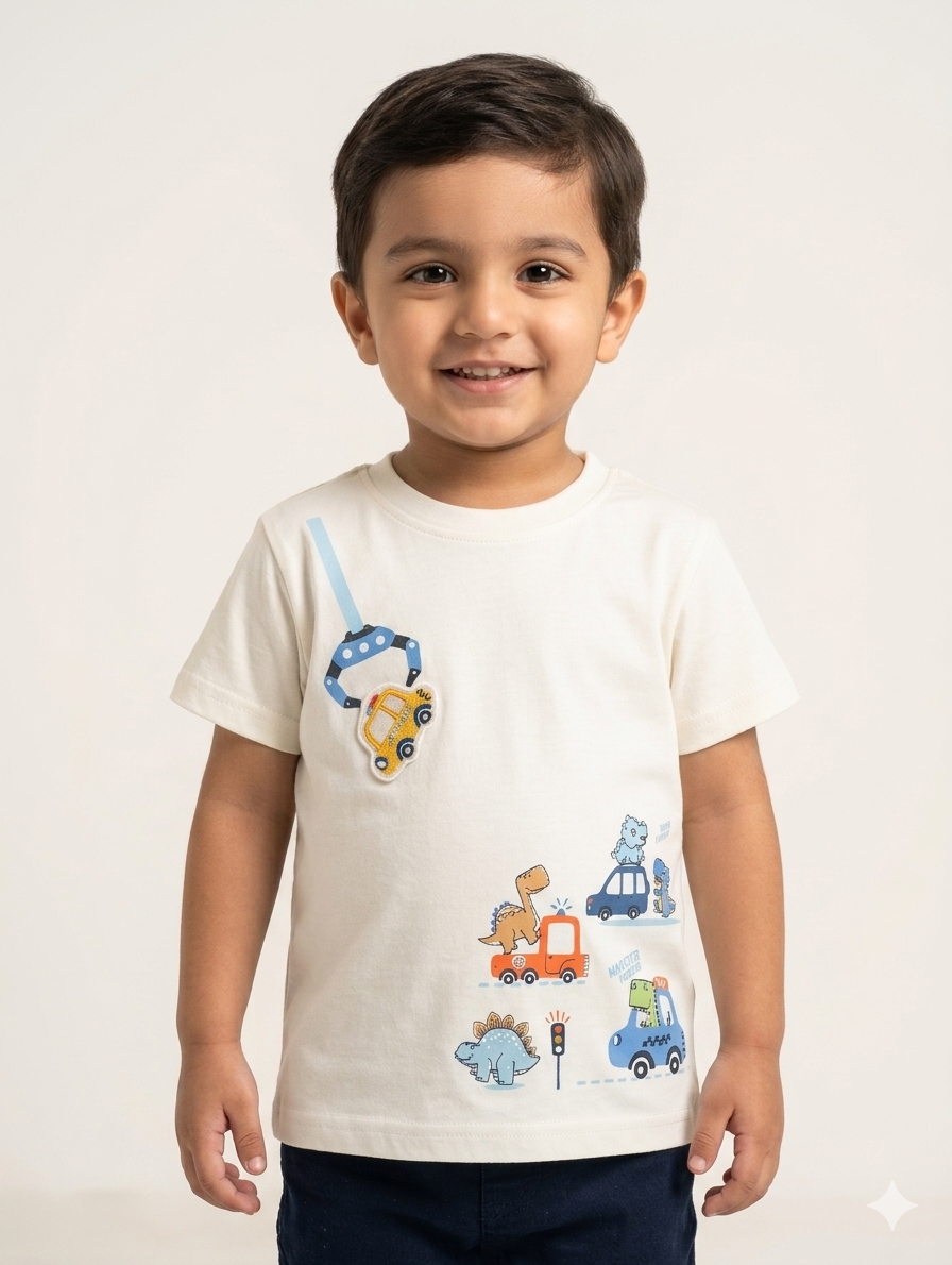 Boys Dinosaur Construction Crane Graphic Tee - Cute Prehistoric Animal Cars Short Sleeve Cotton Shirt