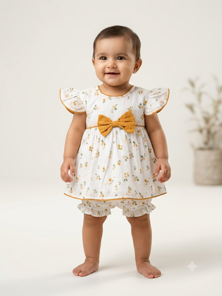 Charming White Cotton Frock with Delicate Floral Print and Matching Bloomer Set for Baby Girls