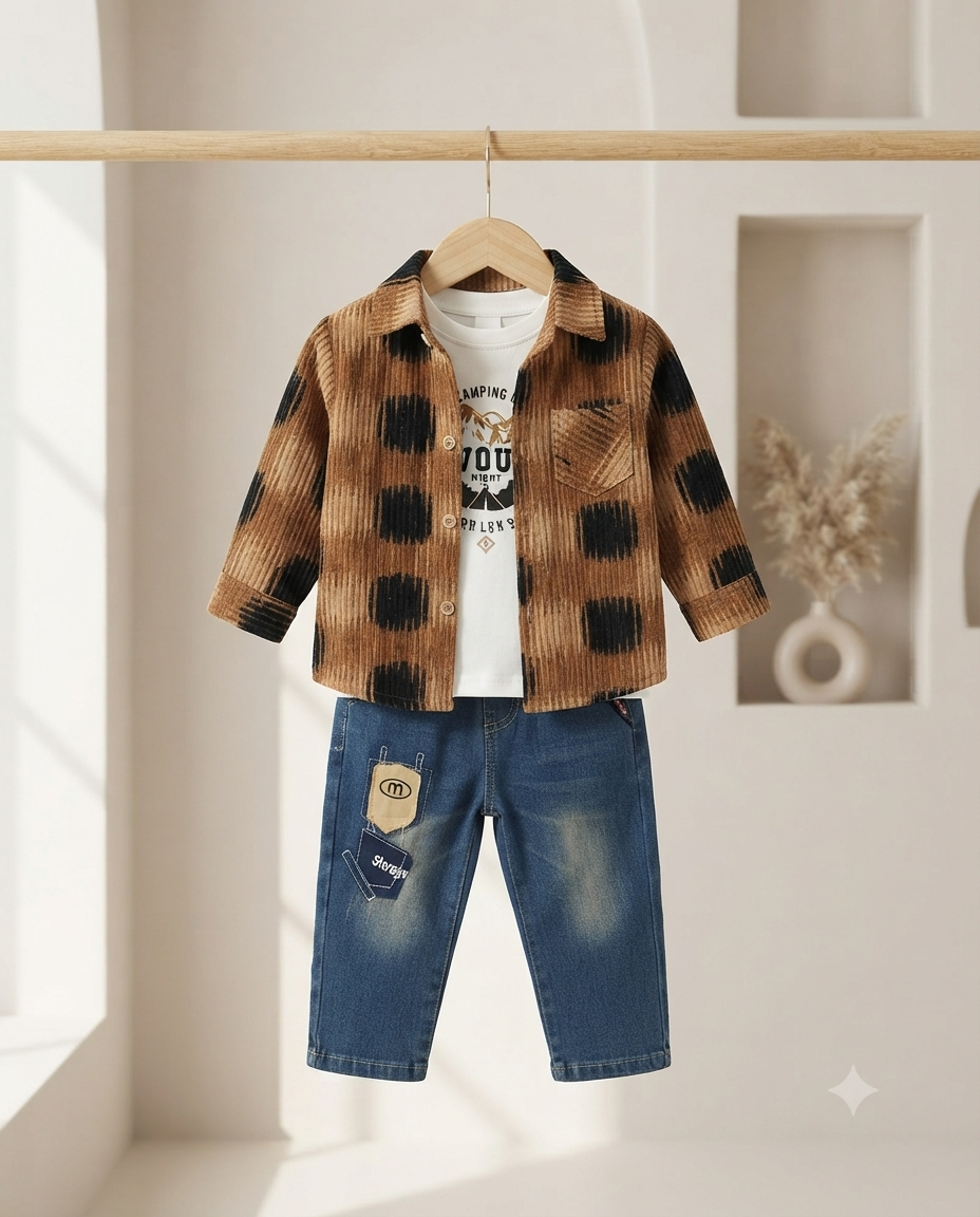 Brown Polka Dot Corduroy Jacket Inner Shirt with Denim Jeans Full Trouser Outfit Set