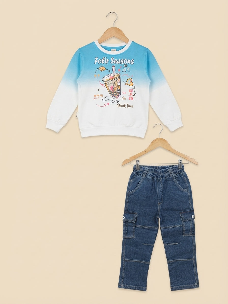 Kids Ombre Drink Graphic Printed Sweatshirt And Denim Cargo Trouser 2 Piece Outfit