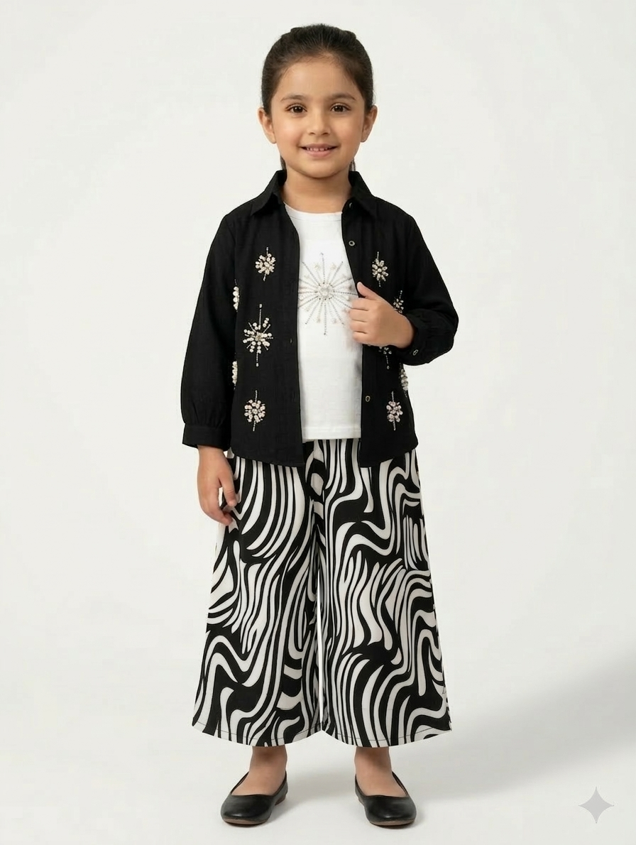 Girls' Three-Piece Black Embellished Jacket, Graphic Tee, and Zebra Print Wide-Leg Culotte Set