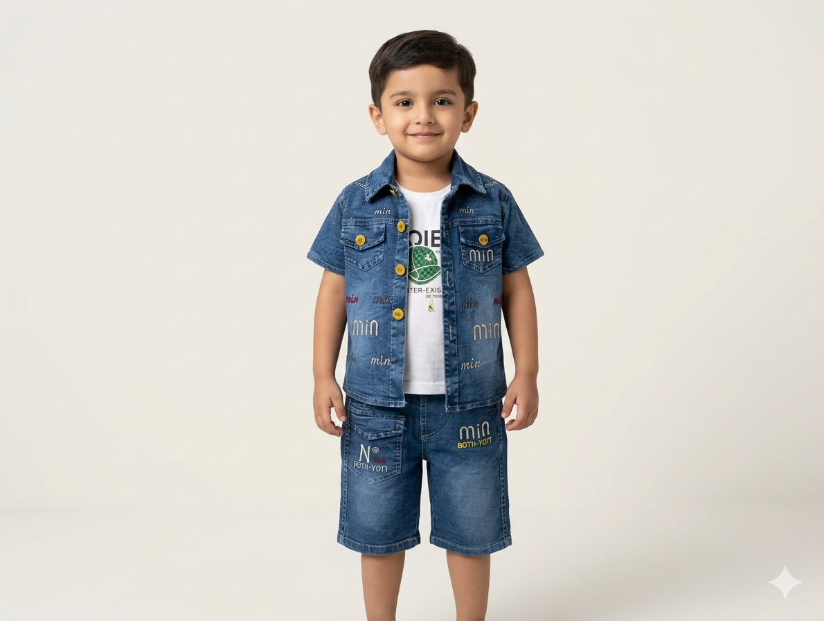 Boys Premium Two Piece Denim Short Sleeve Jacket and Matching Shorts Set With Embroidered Details